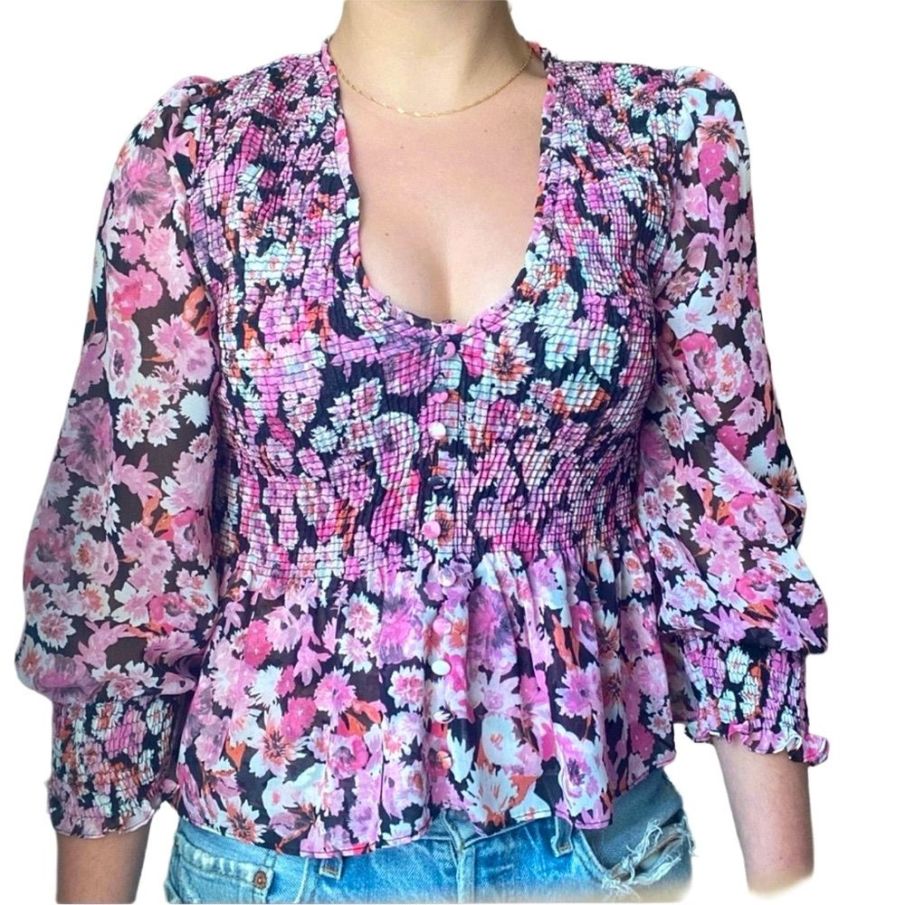 ZARA The Veronica Floral Blouse V-Neck Size Medium pink NEW NWT